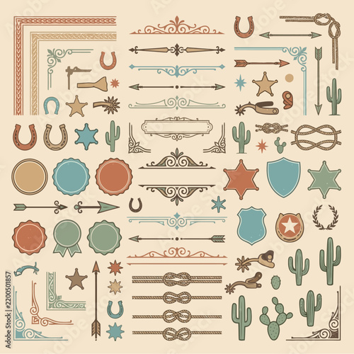 A collection of vintage western themed decorative design elements