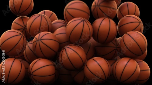 Basket balls fall and fill the screen, creating a lively display of sports equipment in motion, 3d render