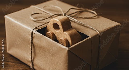 Rustic Wrapped Gift with Wooden Toy Car, Tan Package on Dark Wood