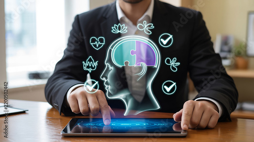 Man touching tablet displaying a holographic human head with puzzle pieces and wellness icons hologram