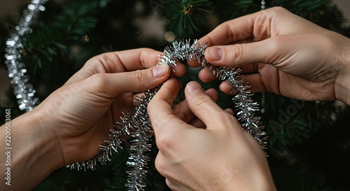 Decorating Christmas Tree with Silver Tinsel Garland, Holiday Preparation