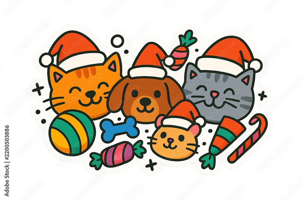 Fototapeta premium Christmas pets celebrating with festive hats and decorations, isolated