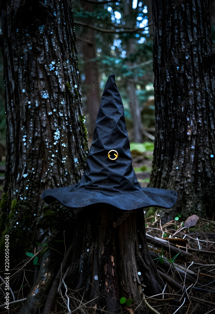 Obraz premium Halloween magic and fantasy folklore, black witch hat resting on a tree stump in a dark forest for seasonal celebration and mystical storytelling