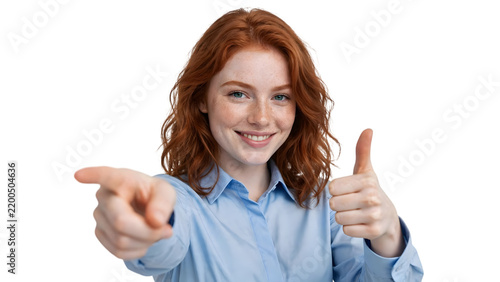 Confident young redhead woman pointing finger at camera isolated on transparent PNG