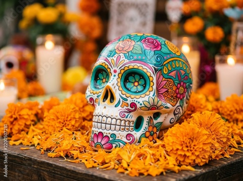 Decorated sugar skull placed on a rustic wooden table surrounded by vibrant marigold flowers and glowing candles for Day of the Dead celebration