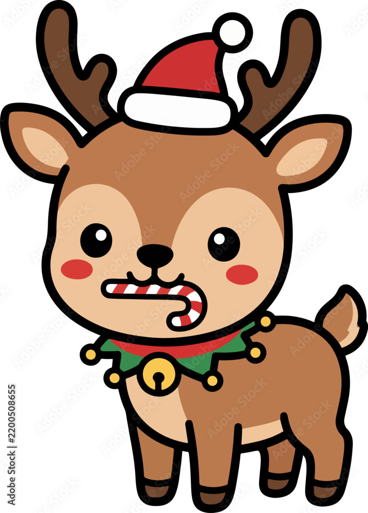 Fototapeta premium Cute Christmas Reindeer Cartoon Illustration with Santa Hat and Candy Cane on White Background