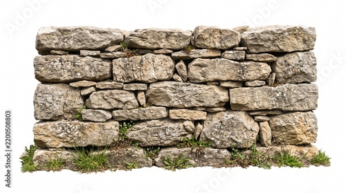 Rustic Stone Wall With Natural Grass Isolated on a Clean White Background