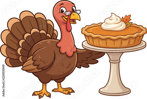 Smart cute turkey with glasses serving pumpkin pie vector illustration
