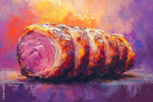 A succulent pork roast with vibrant colors, soft evening light, and a dining table setting