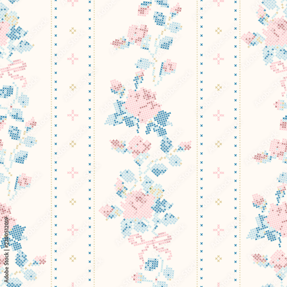 Fototapeta premium Floral Cross Stitch Vertical Stripe Pattern with Roses, Vintage Embroidery Design