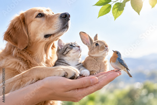 Golden retriever, cat, rabbit and bird rest on human hands, creating an image of harmony, care and protection of nature. Love and care. World Animal Day.