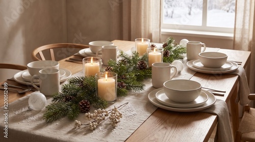 Elegant Winter Table Setting with Candles and Evergreen Decor