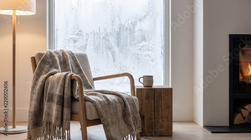Cozy Winter Reading Chair with Blanket Beside Frosted Window
