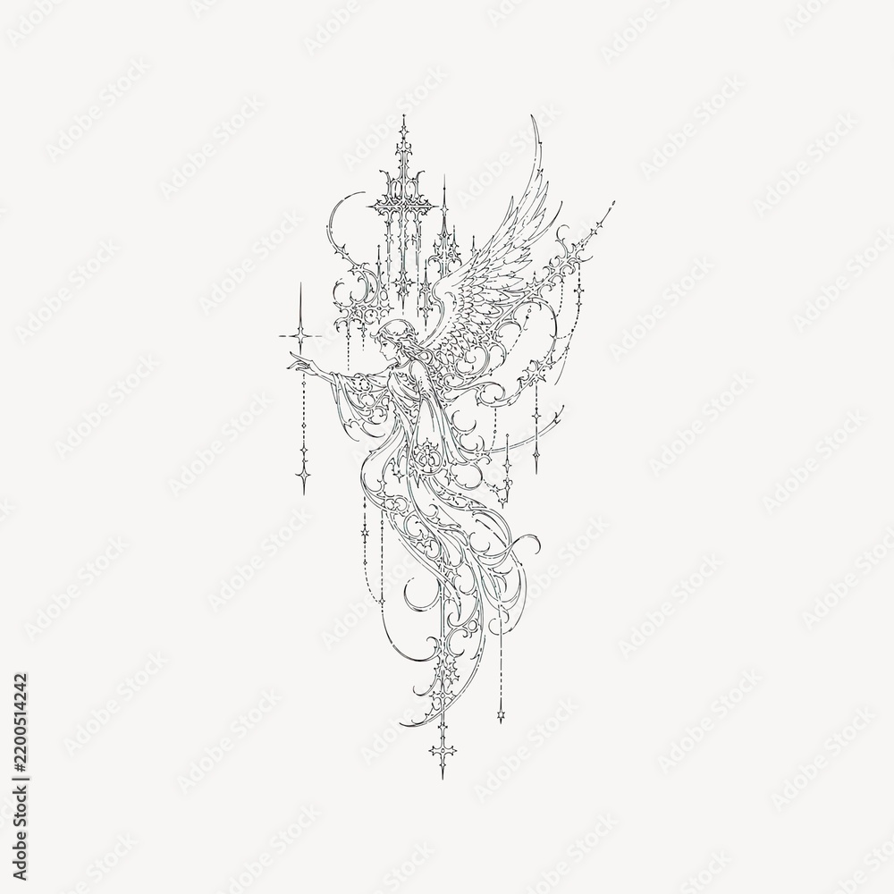 Fototapeta premium Intricate gothic angel illustration with ornate abstract decorative design