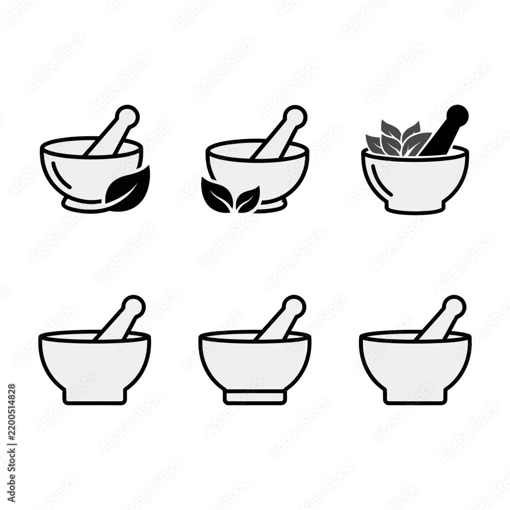 Fototapeta premium Mortar and pestle icons with herbs
