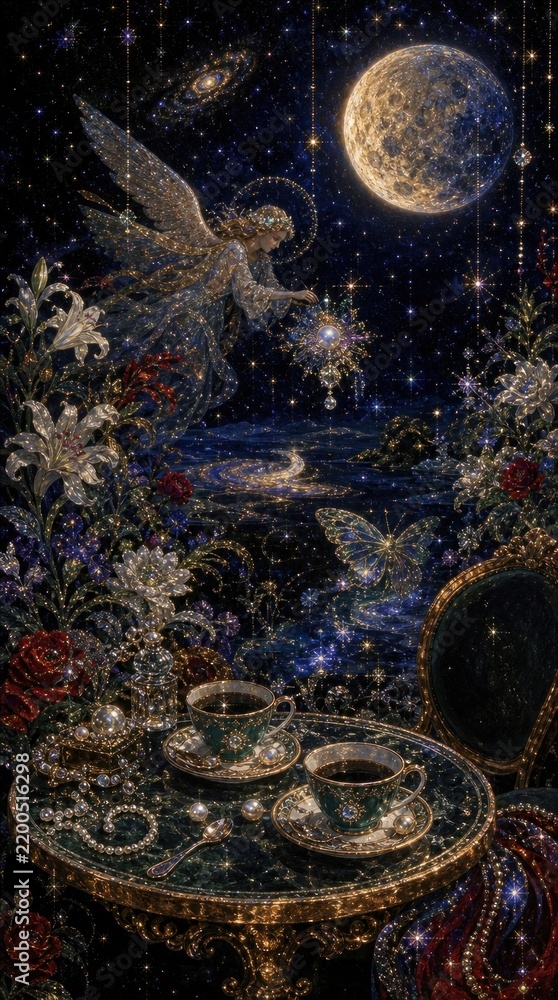 Obraz premium Enchanting celestial scene with angel and moonlit tea mobile wallpaper