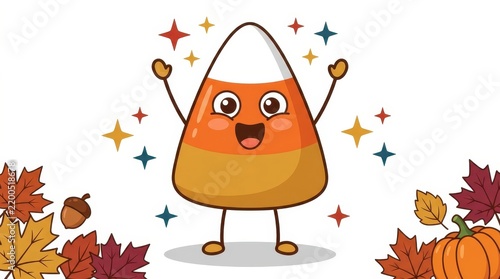 Happy candy corn character with cute facial expression and raised arms featuring vibrant autumn colors in a cheerful artistic style
