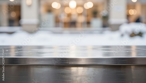 A clean metal table surface overlooks a blurry outdoor winter scene with bokeh lights.