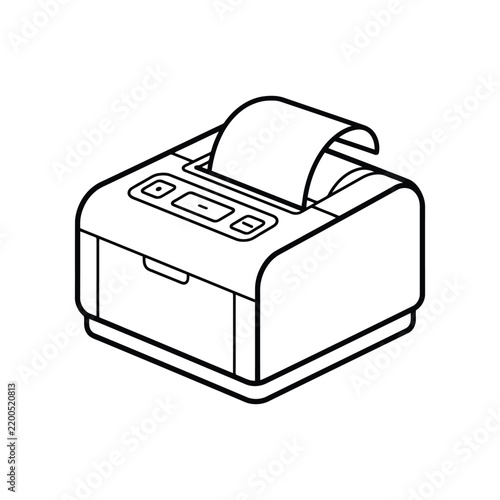 Isometric perspective of a cash register receipt printer with paper roll for retail checkout.