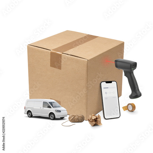 Express courier delivery logistics and package sorting concept with large cardboard box, delivery van, barcode scanner, and smartphone   