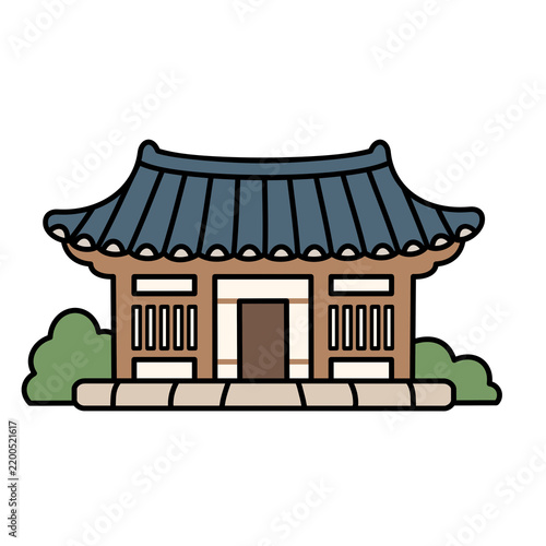 Traditional Korean Hanok wooden house building illustration