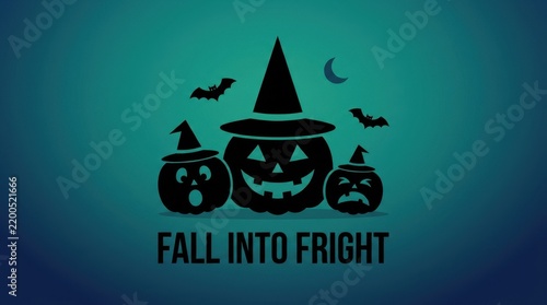 Spooky carved pumpkins wearing witch hats featuring expressive faces with bats and crescent moon icons for festive autumn season celebrations