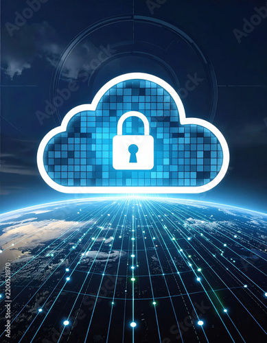 Secure cloud computing network with glowing lock symbol above connected digital earth, blue cybersecurity concept expressing protection, privacy, and data storage