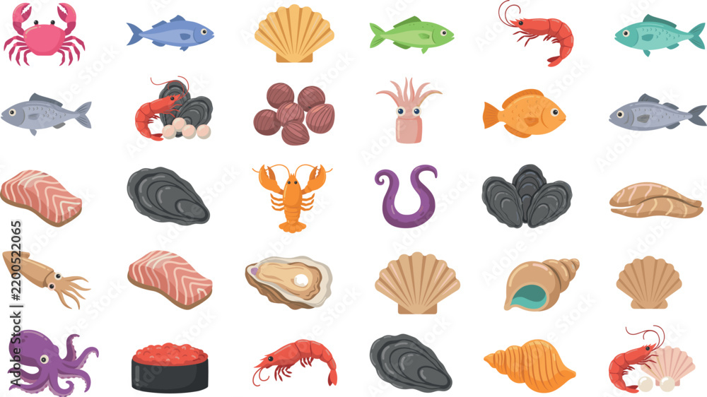 Obraz premium Seafood and marine life vector set featuring fish shrimp crab lobster octopus squid shells caviar and salmon fillet icons