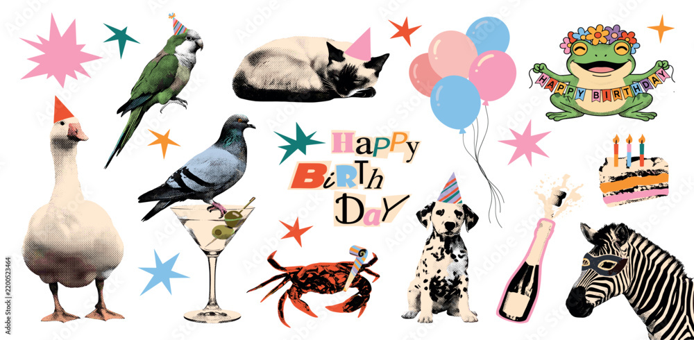 Obraz premium Happy birthday halftone art collage cut outs set. Fun stickers with vintage dot texture and doodles, animals wearing party hats, champagne, cheers and cake Modern retro mixed media vector illustration