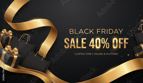 Black Friday sale 40 percent off promotional banner with luxury gold ribbon and gifts