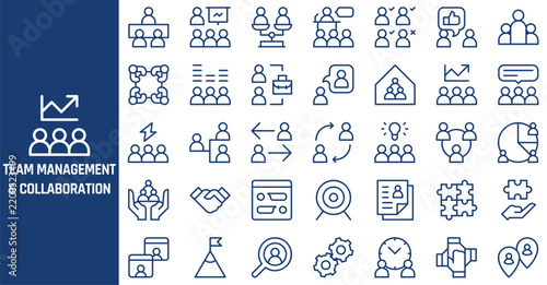 Blue line vector icons representing professional business team management and collaboration