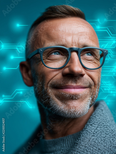 Obraz na płótnie Middle-Aged Worker Embracing Career Transition Through AI Learning Assistant — Skill Development Pathway Visualization