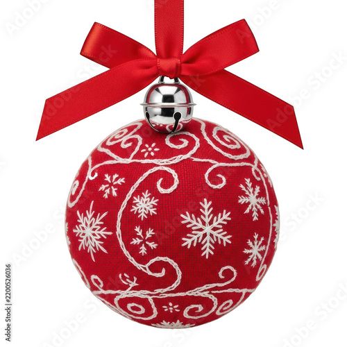 Elegant red ornament with intricate gold snowflake pattern and bow