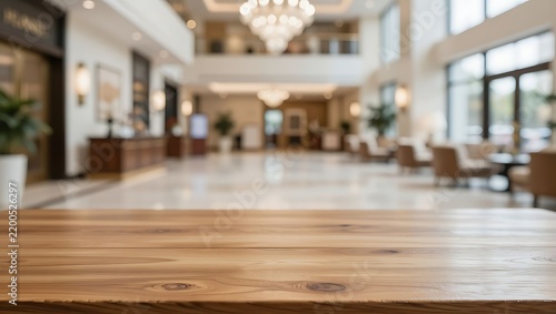 An empty wooden table offers copy space against a blurred hotel lobby.