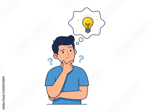 Young man thinking with a light bulb idea symbol in a thought bubble, vector illustration of a person pondering and having a bright creative solution concept