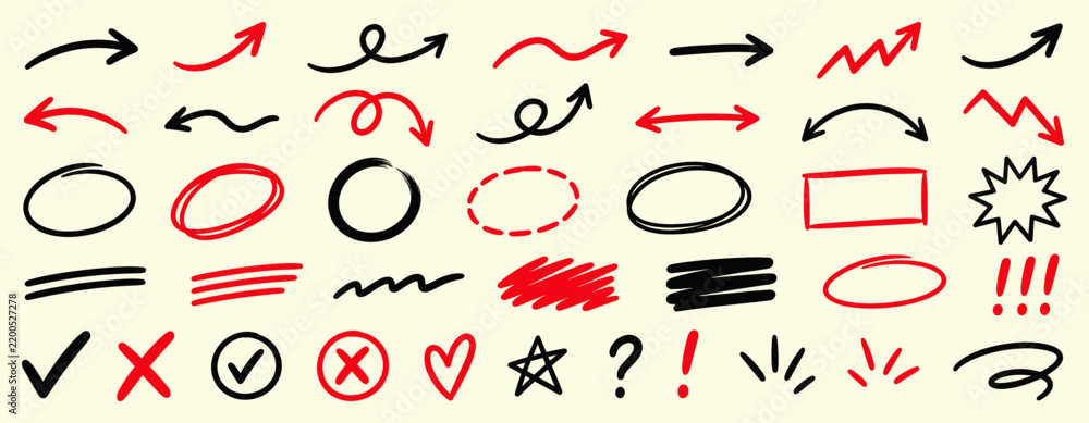 Obraz premium Arrow and highlight marker stroke set with hand drawn underline, circle, check mark, cross and brush scribble elements for notes, emphasis, study and vector illustration