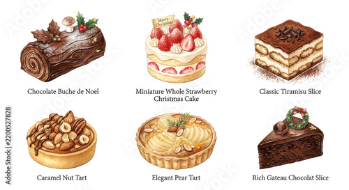 冬の洋菓子　水彩イラストセット・クリスマスケーキとスイーツの透過素材　Elegant Winter Cake Collection, Six Watercolor Christmas Desserts Isolated on Transparent Background