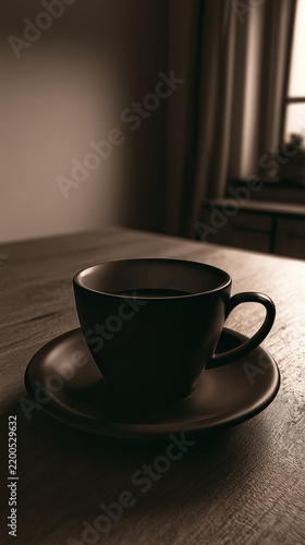Minimalist lone dark coffee cup on wooden table with moody low key sepia lighting