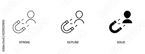 Magnet attracting user icon set in stroke outline and solid styles