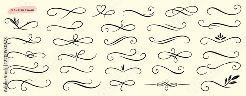 Flourish swash line set with hand drawn calligraphy curves, elegant pen ink strokes, vintage scrolls, doodle swirls, underline accents and vector illustration