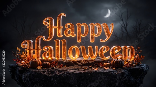 Glowing 3D Happy Halloween text title on a dark rock podium with pumpkins at night