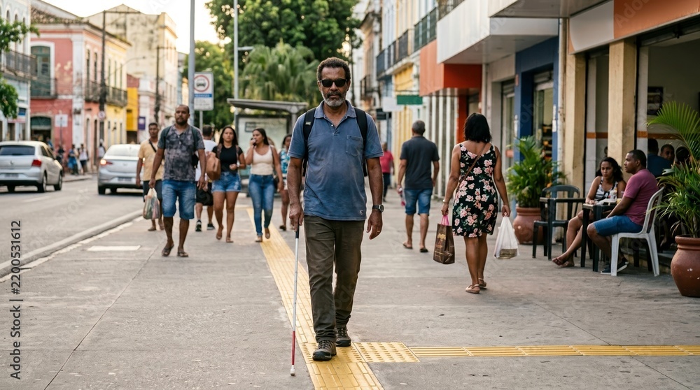 Fototapeta premium Blind Man Walks Down Busy City Sidewalk Using White Cane with Tactile Paving