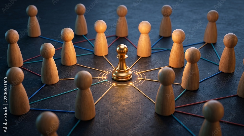 Obraz premium Team Leadership and Organizational Management with Central Leader Connecting Employees for Collaboration, Coordination and Business Success