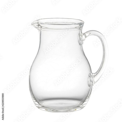 Clear glass pitcher with handle on white background