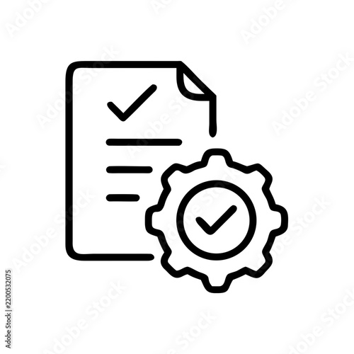 Quality control document icon with gear and check mark linear design.