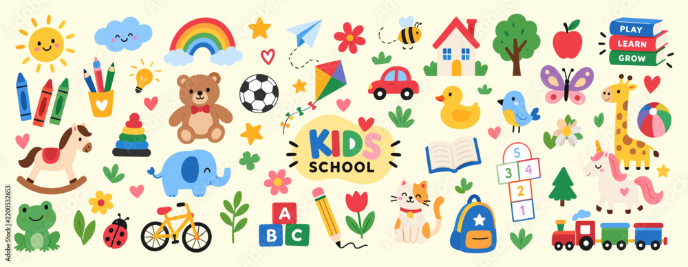 Fototapeta premium Cute kindergarten doodle set with preschool school elements, toys, animals, flowers, rainbow, clouds and playful hand drawn childhood activity icons vector illustration