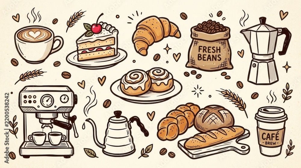 Fototapeta premium Hand-Drawn Coffee and Bakery Illustration Set with Espresso Machine, Pastries, and Bread Doodles on Vintage Background
