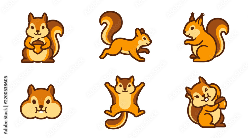 Obraz premium Cute cartoon squirrel icon set featuring playful wild forest animals chipmunk holding acorn vector graphic