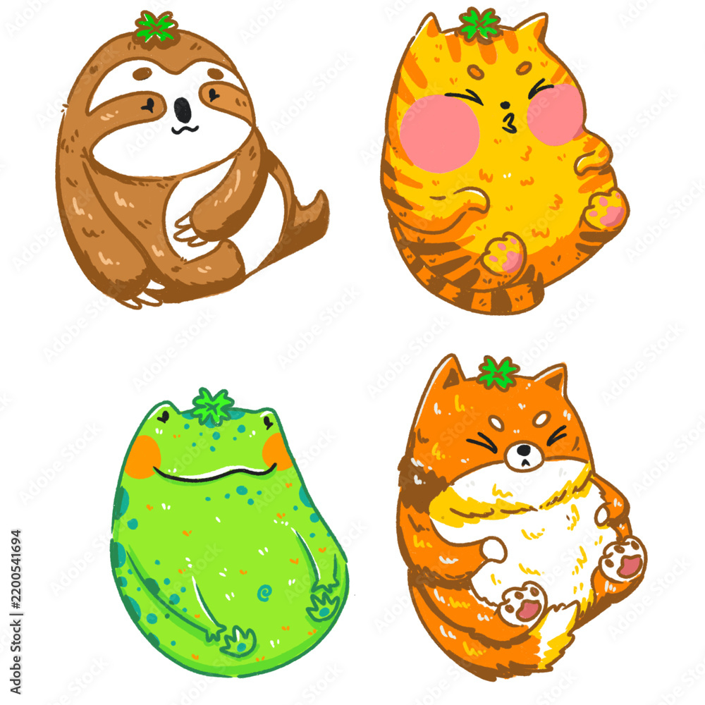 Fototapeta premium Set of cute kawaii colorful animal sloth, orange cat, frog, calico cat 