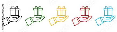 Hand holding gift box outline icon set.